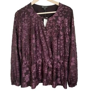 DG2 Diane Gilman Wrap Blouse Purple Lace Burnout Illusion Floral Women's Size M